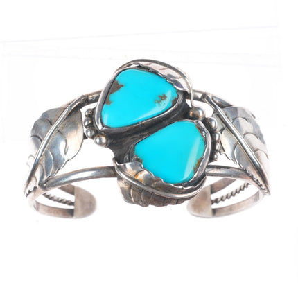 6.5" Vintage Navajo sterling silver 2 stone turquoise leafwork cuff bracelet