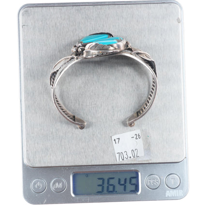 6.5" Vintage Navajo sterling silver 2 stone turquoise leafwork cuff bracelet