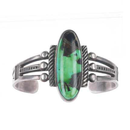6.7" 1930's Navajo Ingot Silver Blackjack turquoise deep stamped cuff bracelet