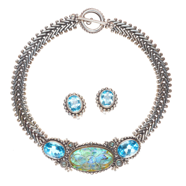 Stephen Dweck Blue Topaz carved quartz/abalone sterling silver necklace/earrings