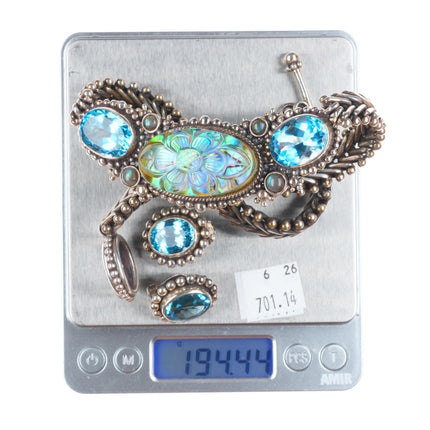 Stephen Dweck Blue Topaz carved quartz/abalone sterling silver necklace/earrings