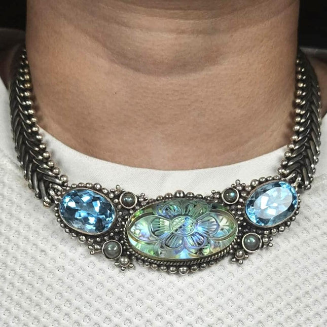 Stephen Dweck Blue Topaz carved quartz/abalone sterling silver necklace/earrings