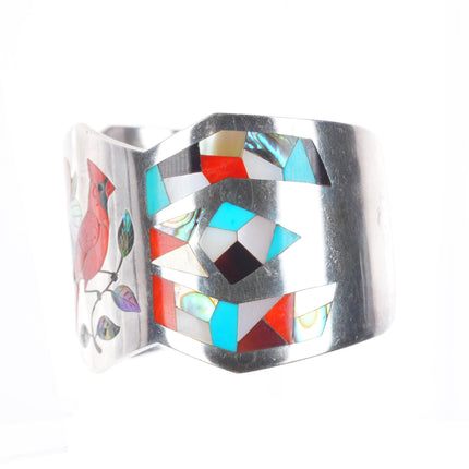 6" AD Banteah Zuni sterling silver Cardinal turquoise/coral inlay cuff bracelet