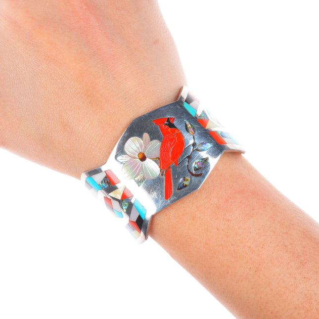6" AD Banteah Zuni sterling silver Cardinal turquoise/coral inlay cuff bracelet