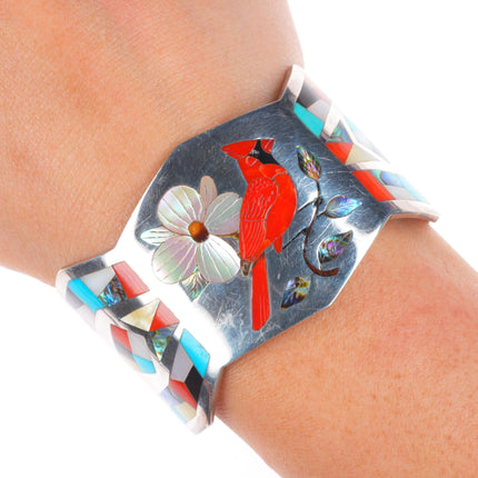6" AD Banteah Zuni sterling silver Cardinal turquoise/coral inlay cuff bracelet
