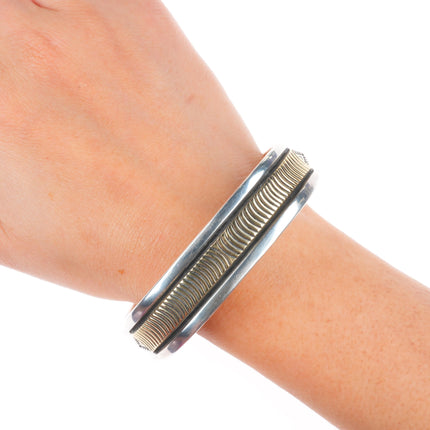 7.5" Bruce Morgan 14k gold sterling silver heavy inner stamped cuff bracelet