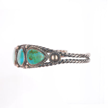 6.3" 1930's Vintage Navajo twisted sterling silver wire turquoise cuff bracelet