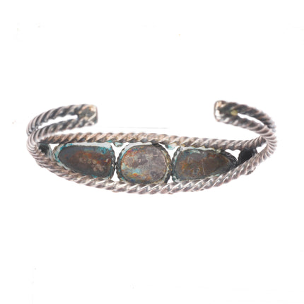 6.3" 1930's Vintage Navajo twisted sterling silver wire turquoise cuff bracelet