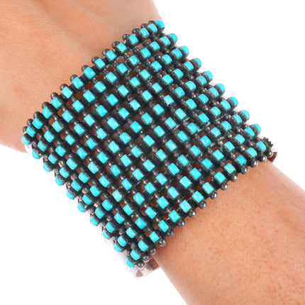7.1" vintage Zuni square cut turquoise wide stack sterling silver cuff bracelet