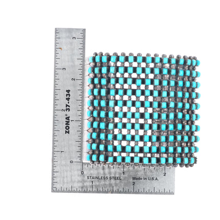 7.1" vintage Zuni square cut turquoise wide stack sterling silver cuff bracelet