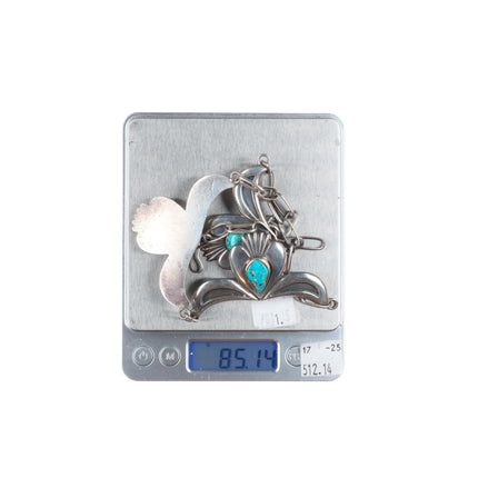 Heavy vintage Navajo sterling silver 3 stone turquoise station necklace