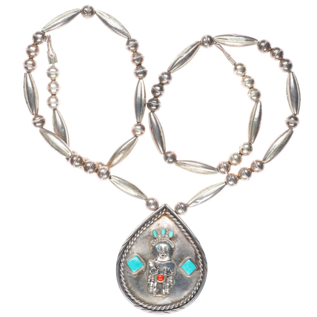 Vintage Navajo sterling silver turquoise and coral Kachina pendant necklace