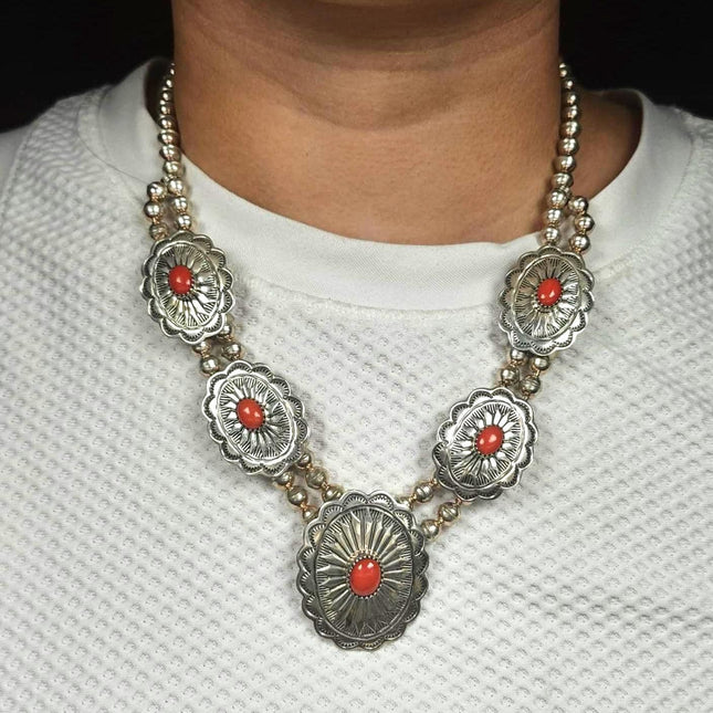 Vintage Tim Guerro Navajo sterling silver coral concho style beaded necklace
