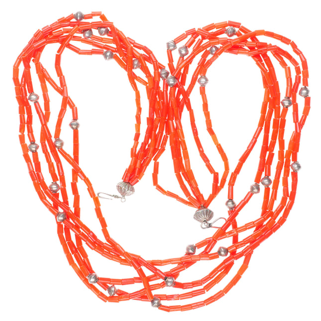 27" Vintage Santo Domingo natural red coral sterling silver beaded necklace