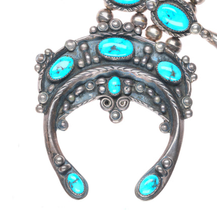 Vintage Jimmie Long Navajo sterling silver turquoise squash blossom necklace 30"