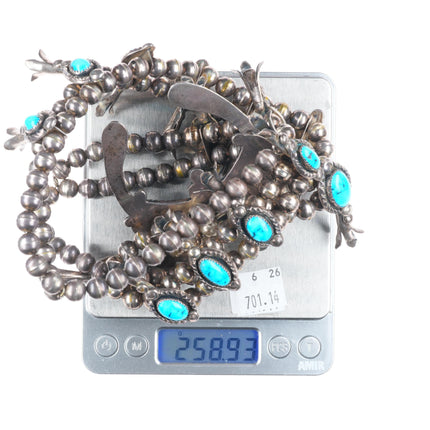 Vintage Jimmie Long Navajo sterling silver turquoise squash blossom necklace 30"