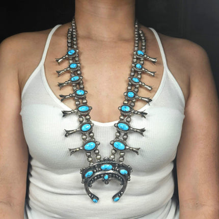 Vintage Jimmie Long Navajo sterling silver turquoise squash blossom necklace 30"