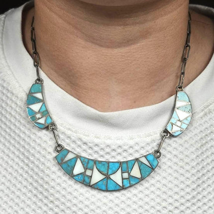 Vintage Zuni sterling silver high grade turquoise/shell channel inlay necklace