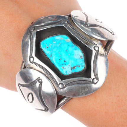 7" Aaron Chischiligi Navajo deep stamped sterling silver turquoise cuff bracelet