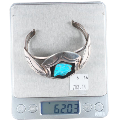7" Aaron Chischiligi Navajo deep stamped sterling silver turquoise cuff bracelet