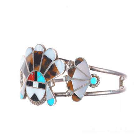 6.75" Vintage Zuni sunface sterling silver shell/stone inlay chief cuff bracelet