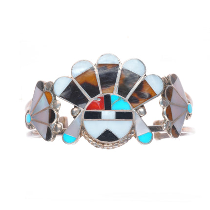 6.75" Vintage Zuni sunface sterling silver shell/stone inlay chief cuff bracelet