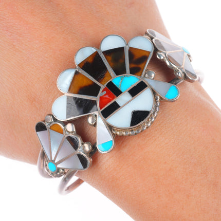 6.75" Vintage Zuni sunface sterling silver shell/stone inlay chief cuff bracelet