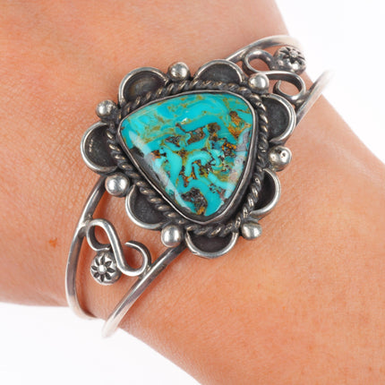 6" Vintage Navajo sterling silver nice turquoise rope bezel cuff bracelet