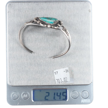 6" Vintage Navajo sterling silver nice turquoise rope bezel cuff bracelet