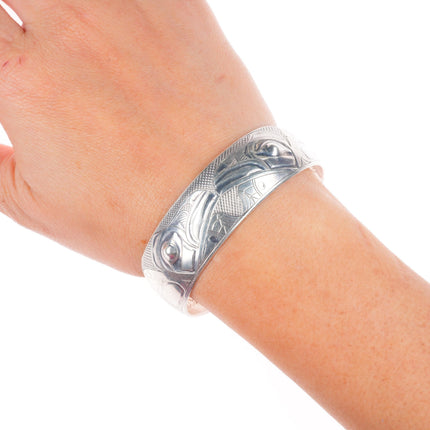 6.75" Gene Chilton Tlingit Sterling silver Raven carved cuff bracelet