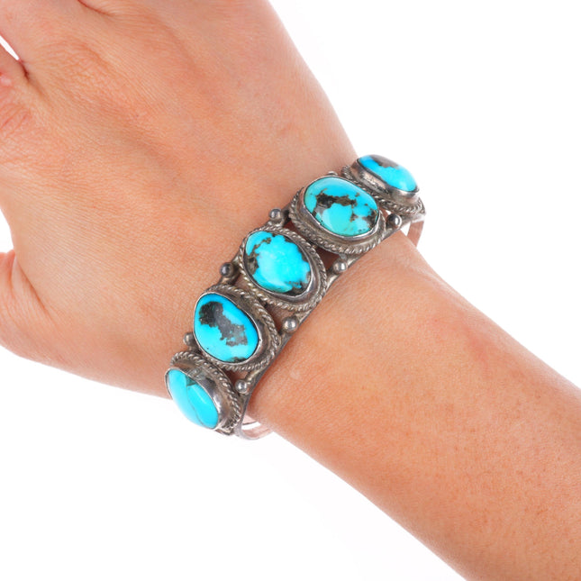 6.5" Vintage Navajo sterling silver turquoise row cuff bracelet rope bezel