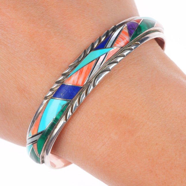6.6" Vintage southwestern sterling silver multi-stone inlay cuff bracelet