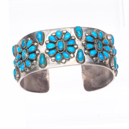 6.75" Vintage Zuni sterling silver natural turquoise cluster cuff bracelet