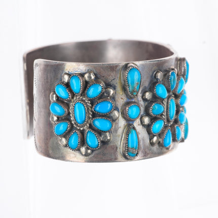 6.75" Vintage Zuni sterling silver natural turquoise cluster cuff bracelet