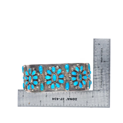 6.75" Vintage Zuni sterling silver natural turquoise cluster cuff bracelet