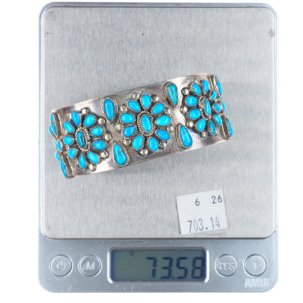6.75" Vintage Zuni sterling silver natural turquoise cluster cuff bracelet