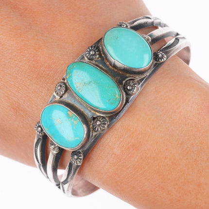 7.2" 30's-40's Vintage Navajo sterling silver 3 stone turquoise cuff bracelet