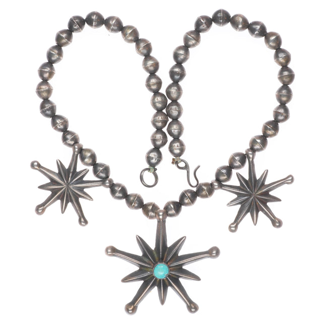 30's-40's Vintage Zuni or Navajo cast sterling silver beaded necklace turquoise