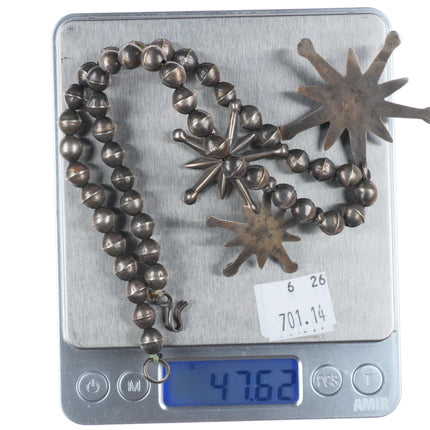 30's-40's Vintage Zuni or Navajo cast sterling silver beaded necklace turquoise