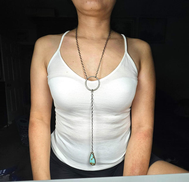 Robert Shakey Navajo sterling silver long dangly necklace w/ turquoise pendant