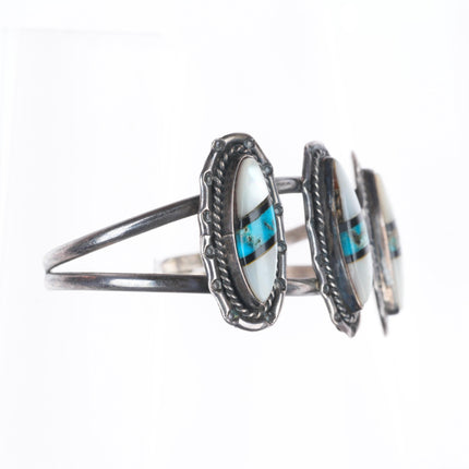 6" vintage Navajo sterling silver turquoise, shell, jet inlay cuff bracelet