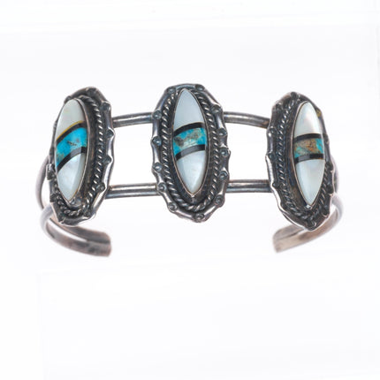 6" vintage Navajo sterling silver turquoise, shell, jet inlay cuff bracelet