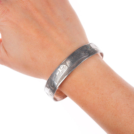 7" JM Vintage Northwest Coast Haida/Tlingit carved sterling silver cuff bracelet