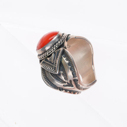 sz8 Sunshine Reeves Navajo sterling silver deep stamped mediterranean coral ring