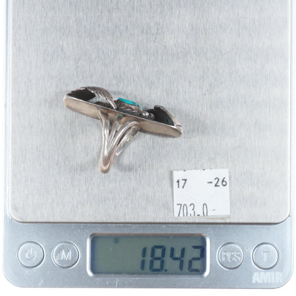 sz8 Vintage Navajo sterling silver turquoise feather edge long ring
