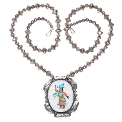 Vintage Zuni Ghan Dancer inlaid sterling silver pendant/beaded necklace