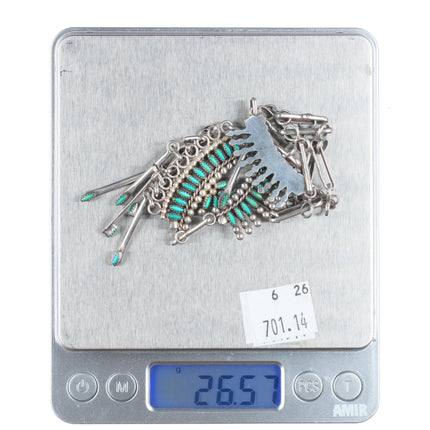 A&E Nastacio Zuni vintage sterling silver needlepoint turquoise bib necklace