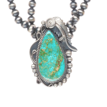 Alfred Martinez Navajo sterling silver beaded pendant necklace with nice turquoise