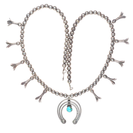 Vintage Navajo sterling silver and turquoise handmade squash blossom necklace