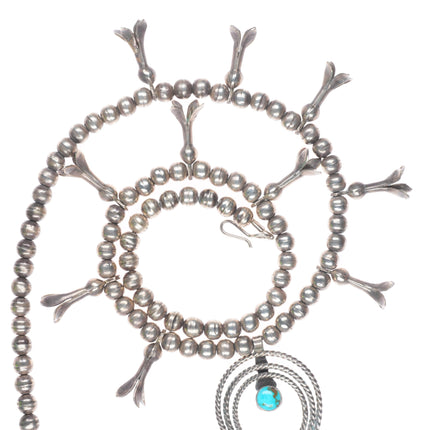 Vintage Navajo sterling silver and turquoise handmade squash blossom necklace